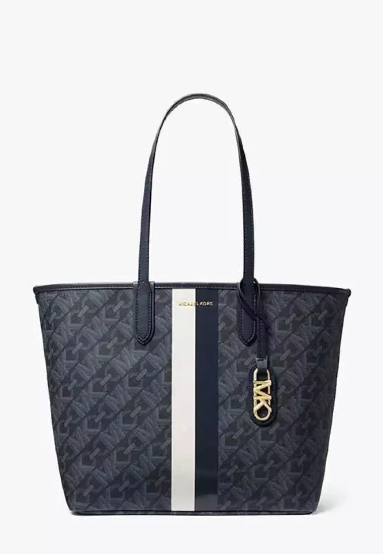 Michael Kors Eliza Large Empire Signature Logo Stripe Tote Bag Admiral Pale Blue