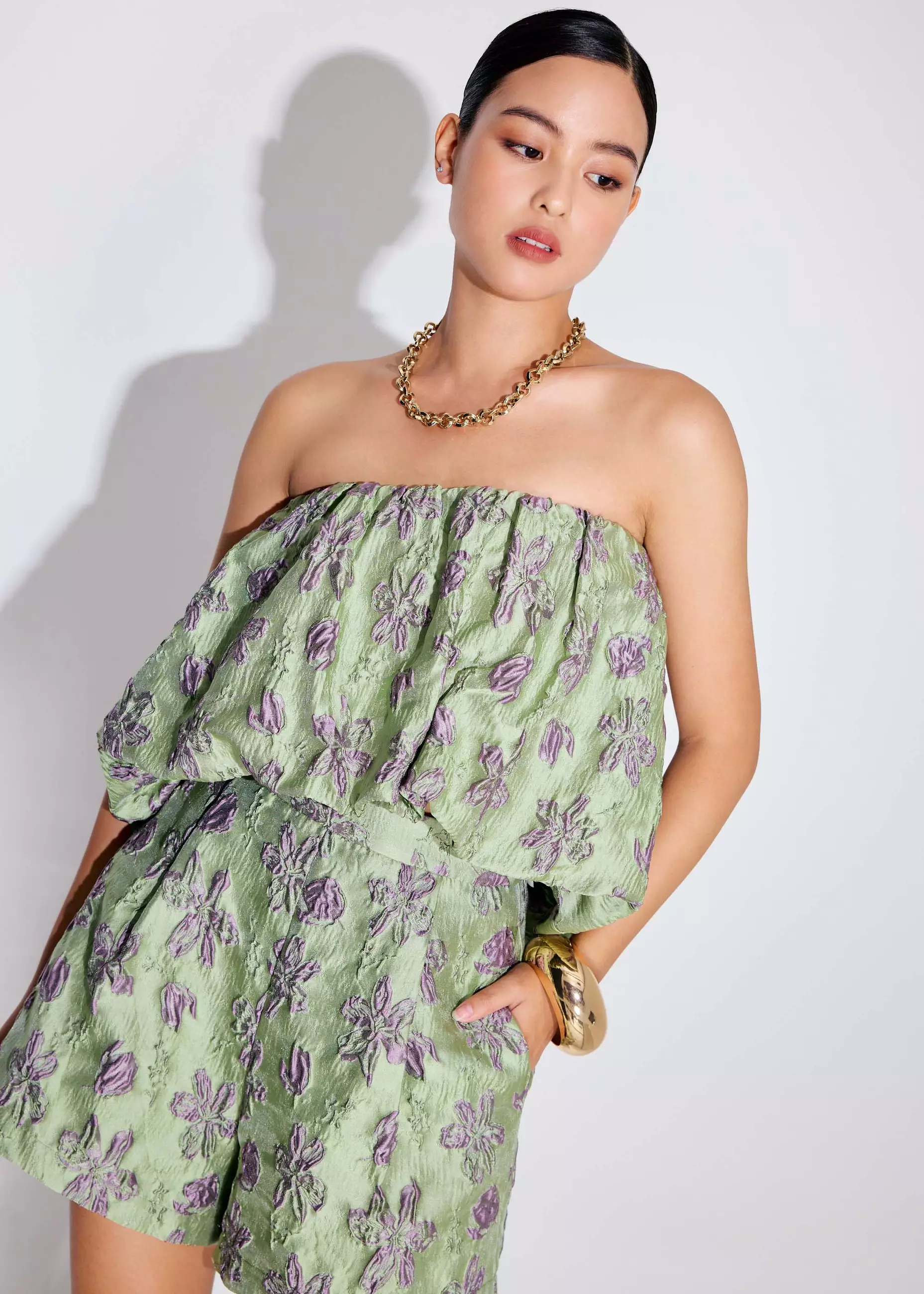 Atasan Wanita - Floral Jacquard Tube Crop Top