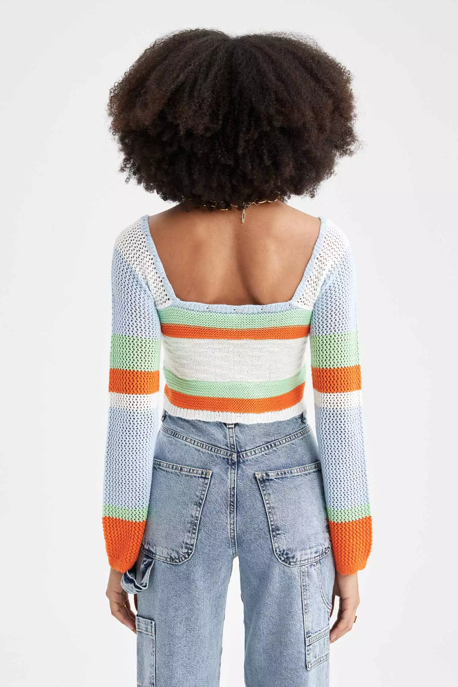 Slim Fit Square Collar Color Block Crochet Knitwear Sweater