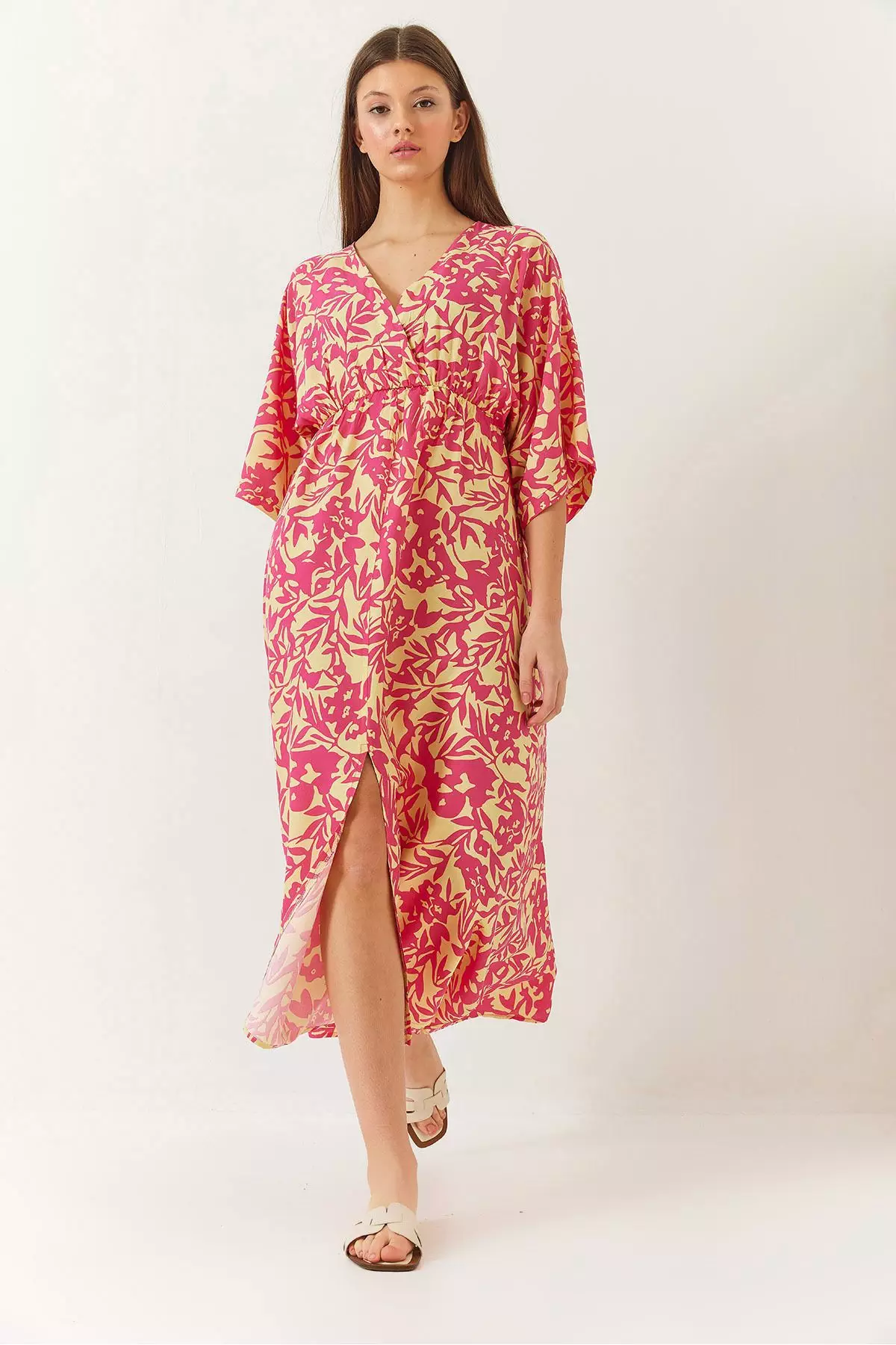 Women's Double Breasted V Neck Front Slit Detail Print Dress 60261411