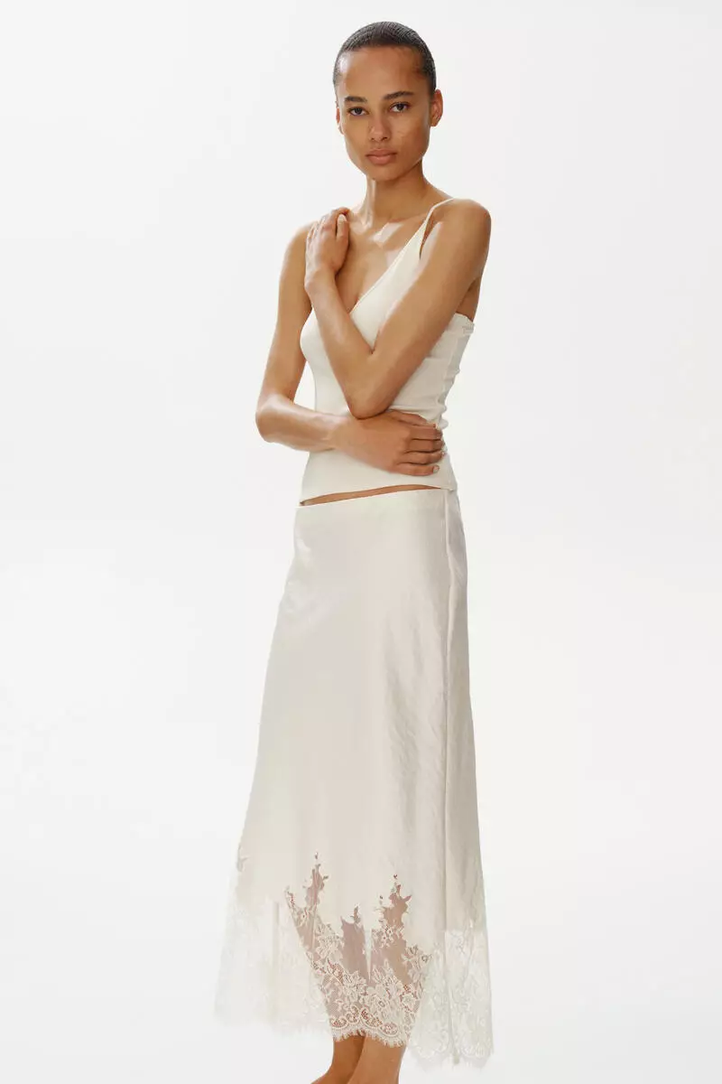 Lace-trimmed satin skirt