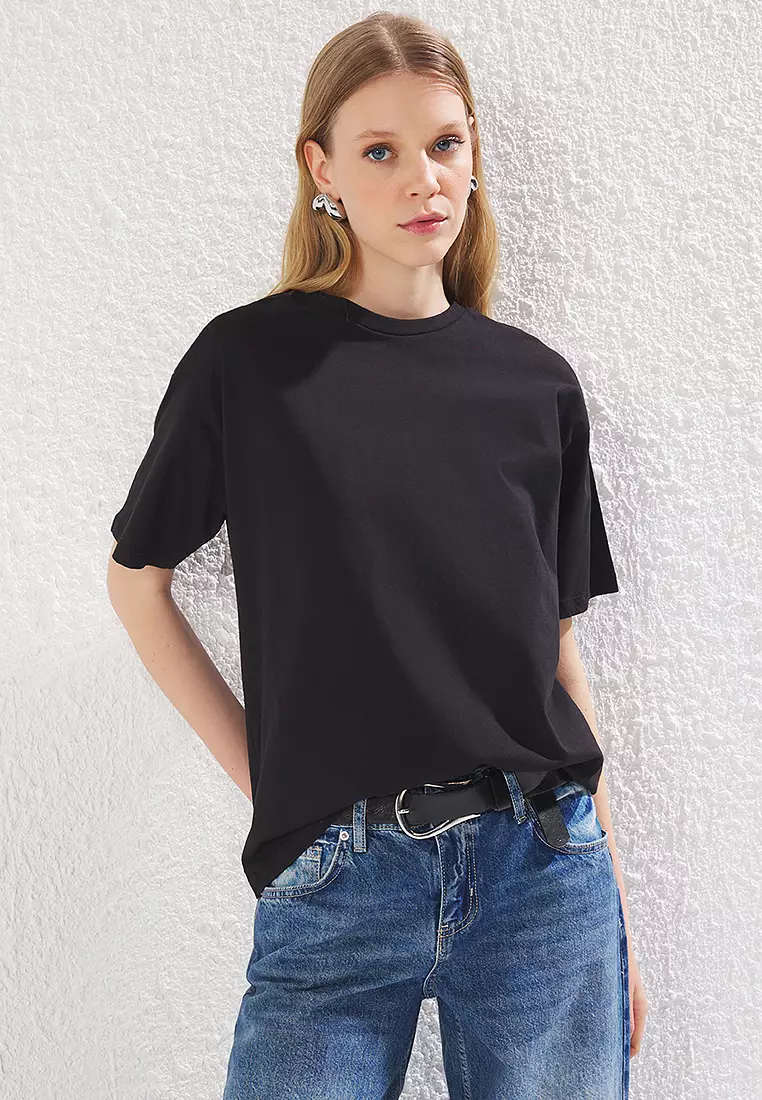 Black Zipper Detail Relaxed Pattern Knitted T-Shirt