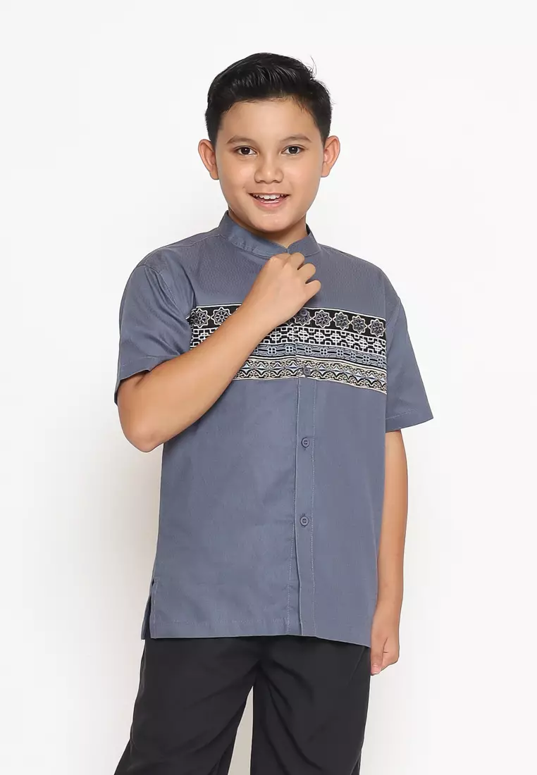 Baju Koko Set Anak Laki Bordir Stone Grey - GENUINE