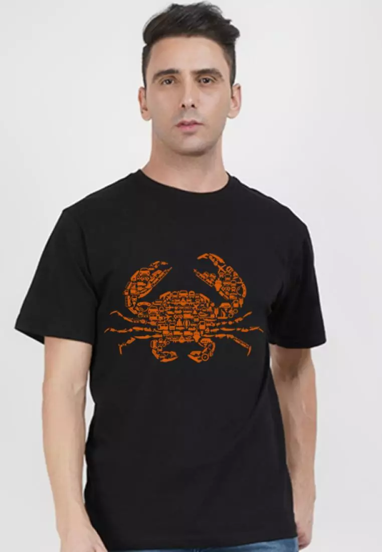QuirkyT Crab Print Graphic Short Sleeve Black Cotton Tee