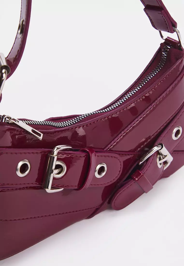 Burgundy Eyelet Belt Buckle Detailed Women's Baguette Shoulder Bag Takss25Oc00069