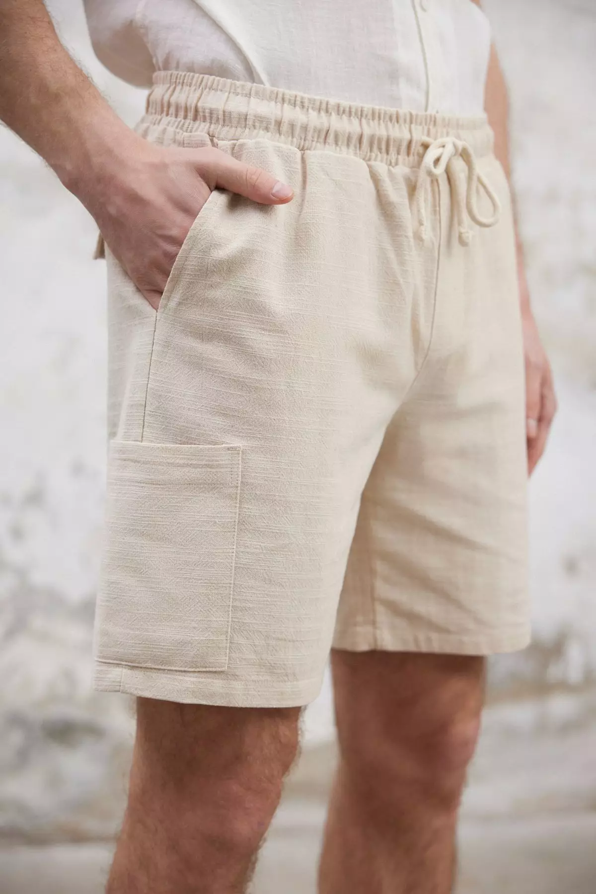 Ecru Linen Look Cotton Shorts & Bermudas with Cargo Pockets TMNSS25SR00055