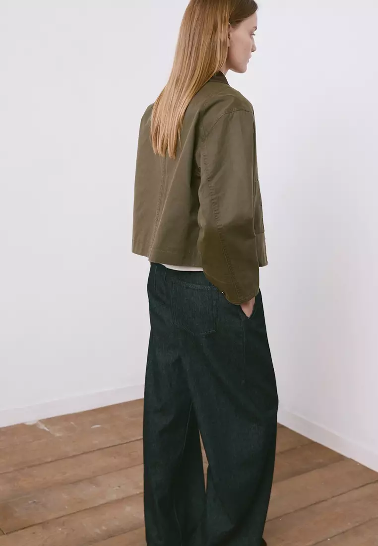 牛仔布連帽外套 拼撞色領