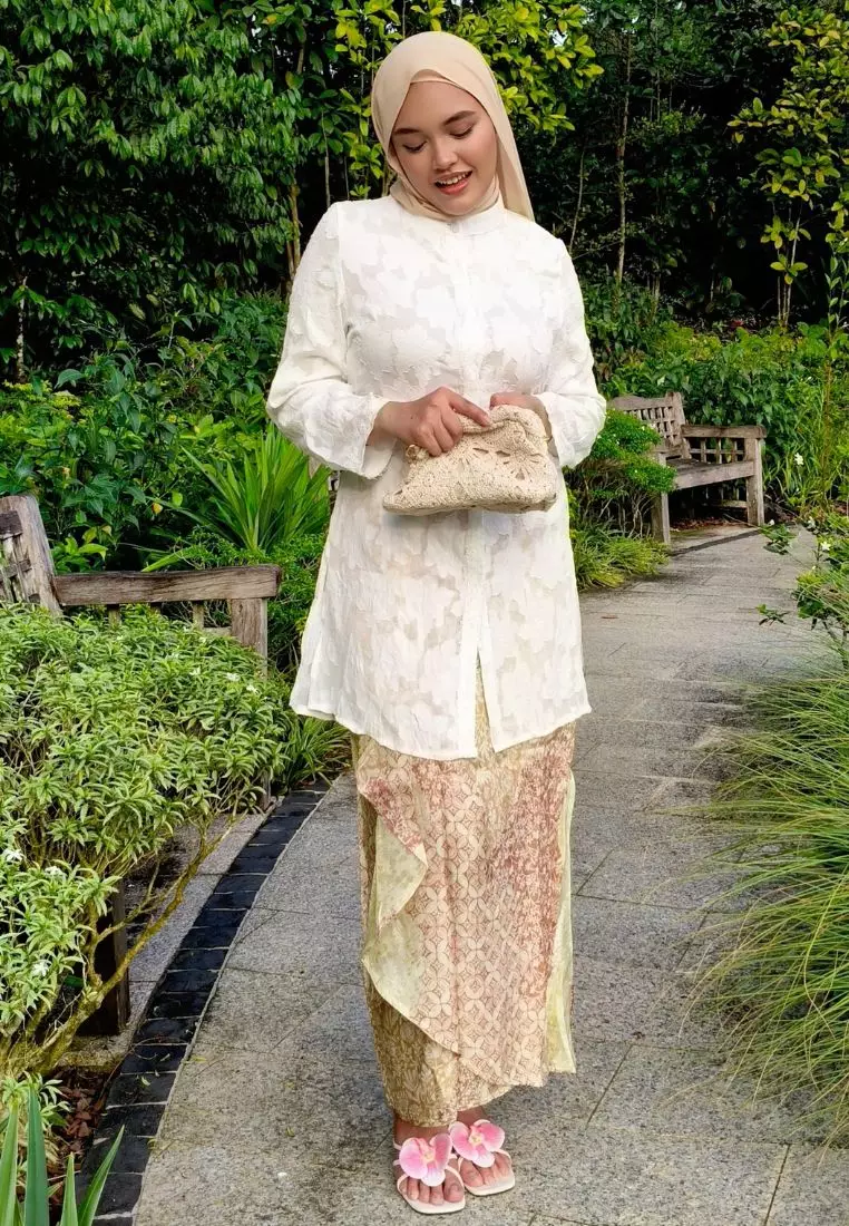 Loveaisyah White Premium Chiffon High Neck Top & Premium Brown Batik Skirt Modern Kurung