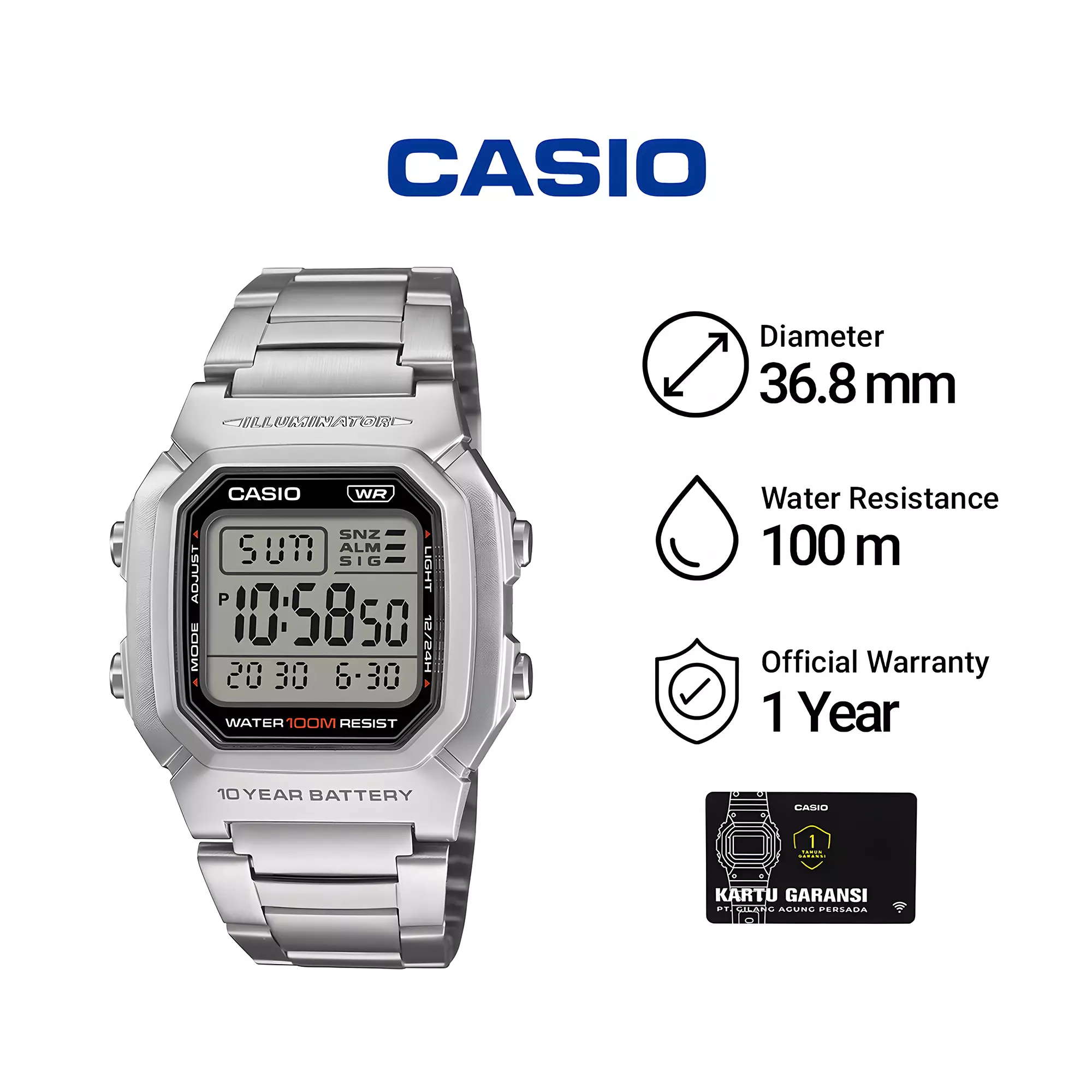 Casio - Jam Tangan Digital Pria - 10 Year Battery - Stainless Steel Band - W-800HD-1AV
