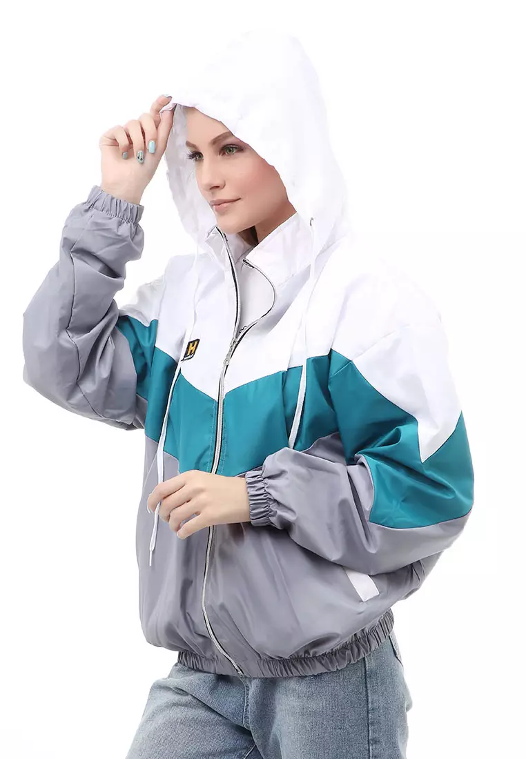 Hardwin Jacket Outer Wanita Hoodie Kombinasi 3 Warna Material Parasut Despo ORIGINAL - White Tosca Gray