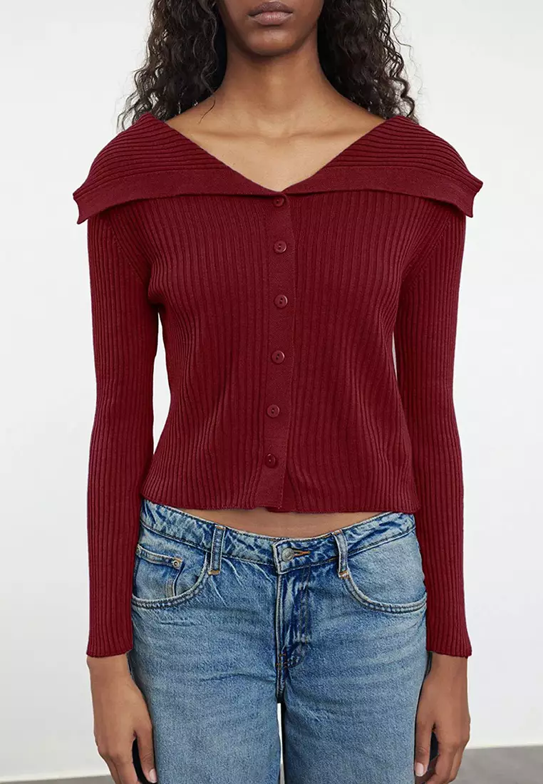 Claret Red Turn-down Collar Knitwear Cardigan TWOAW24HI00284