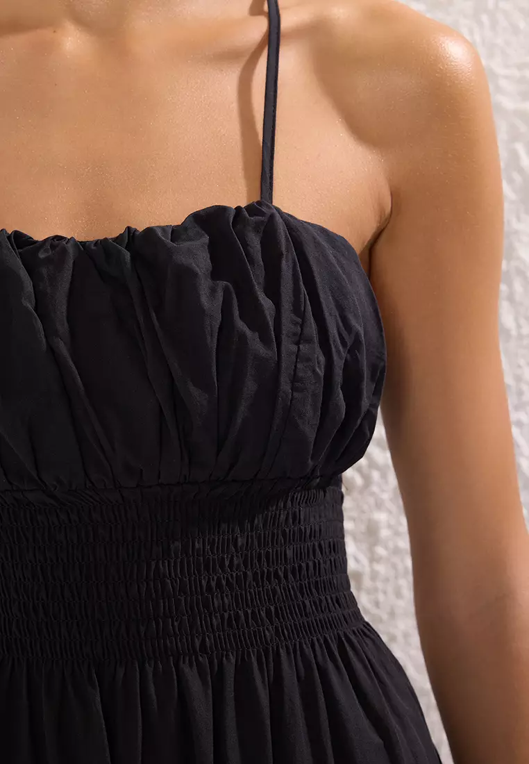 Black Oversized Maxi Woven 100% Cotton Beach Dress TBESS25EL00125