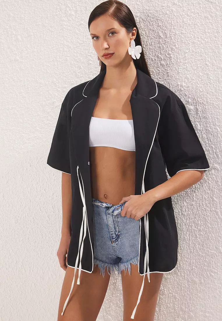 Black Woven Lacing Detailed 100% Cotton Beach Shirt Tbess25Go00025