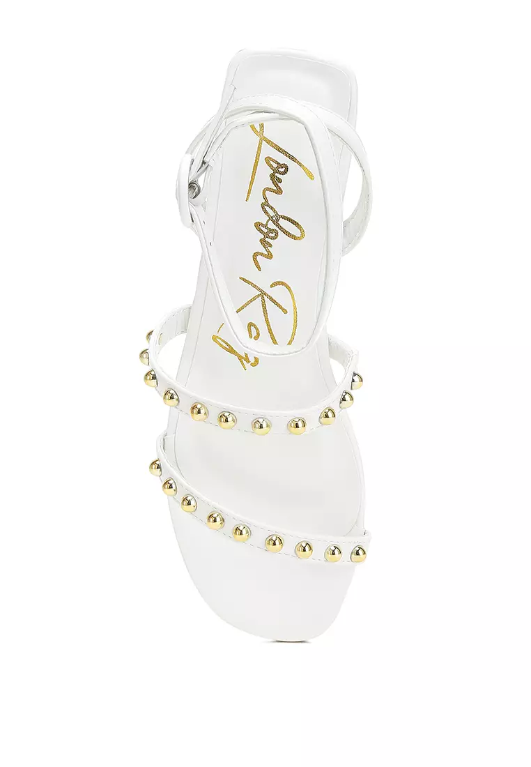Studded Ankle Strap Flat Sandals in White