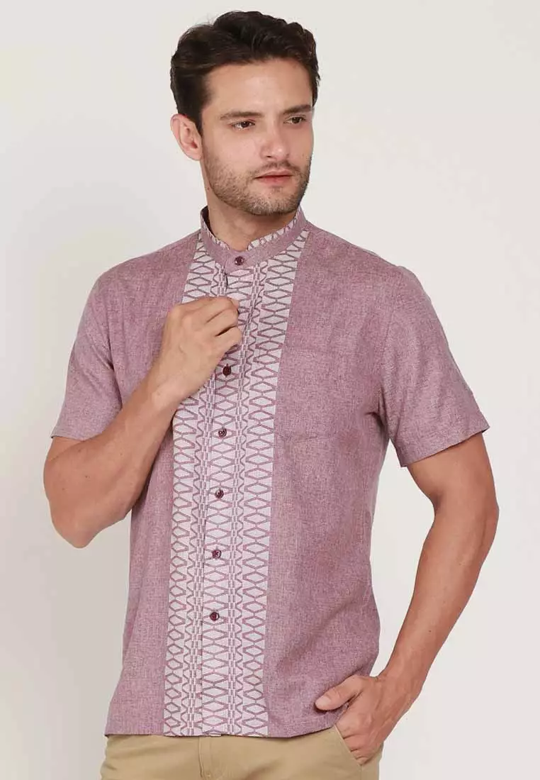 KOKO TIAGA MAROON Kemeja Casual Formal Pria Lengan Pendek SS - Baju Atasan Top Man Muslim Shirt