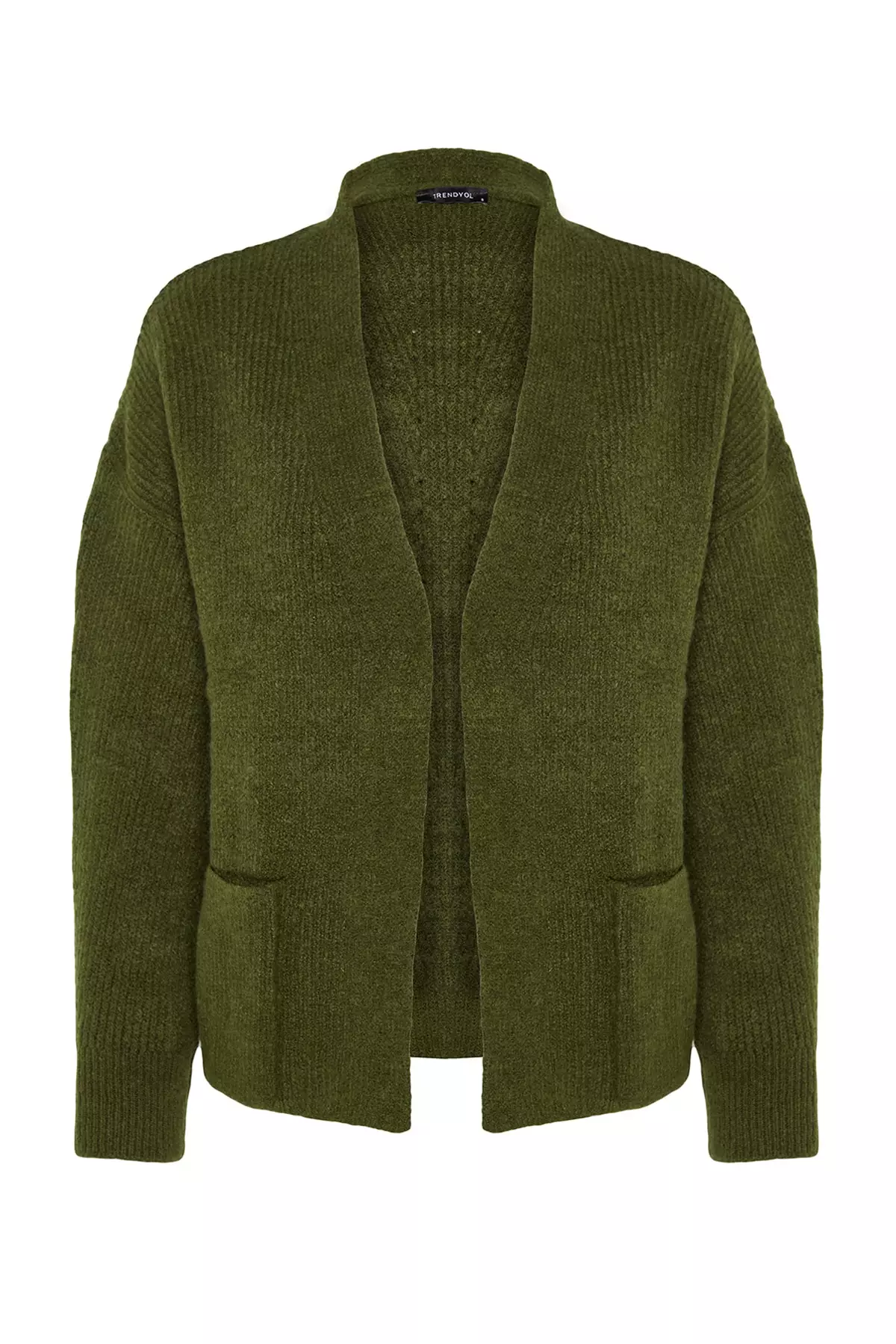 Khaki Wide Fit Soft Textured Pocket Detailed Knitwear Cardigan Twoaw24Hi133
