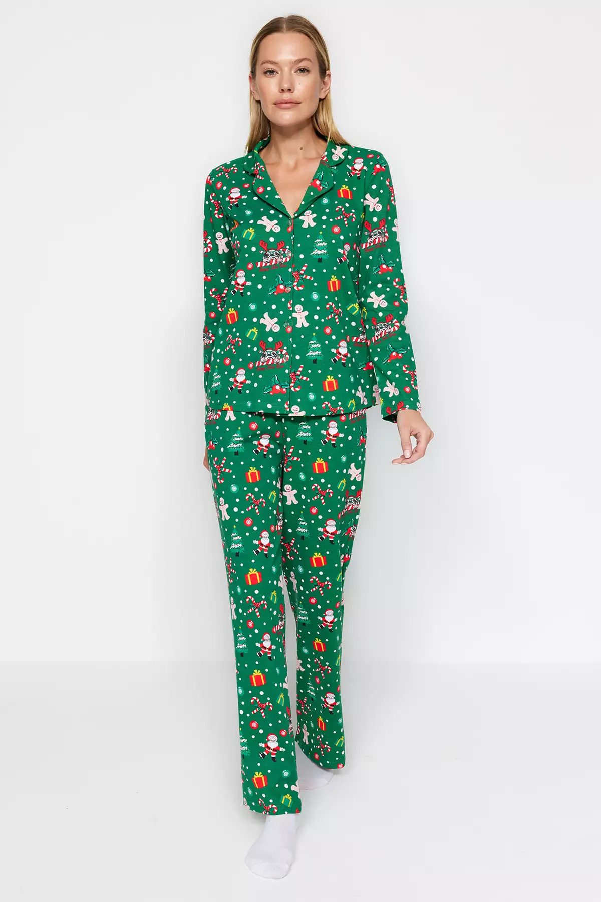 Green 100% Cotton Christmas Themed Knitted Pajama Set