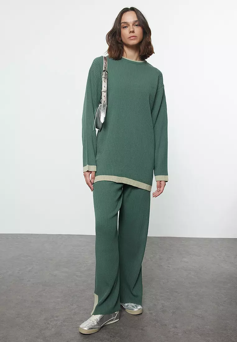 Petrol Green Colored Piping Detailed Knitwear Bottom-Top Set TCTAW25US00059