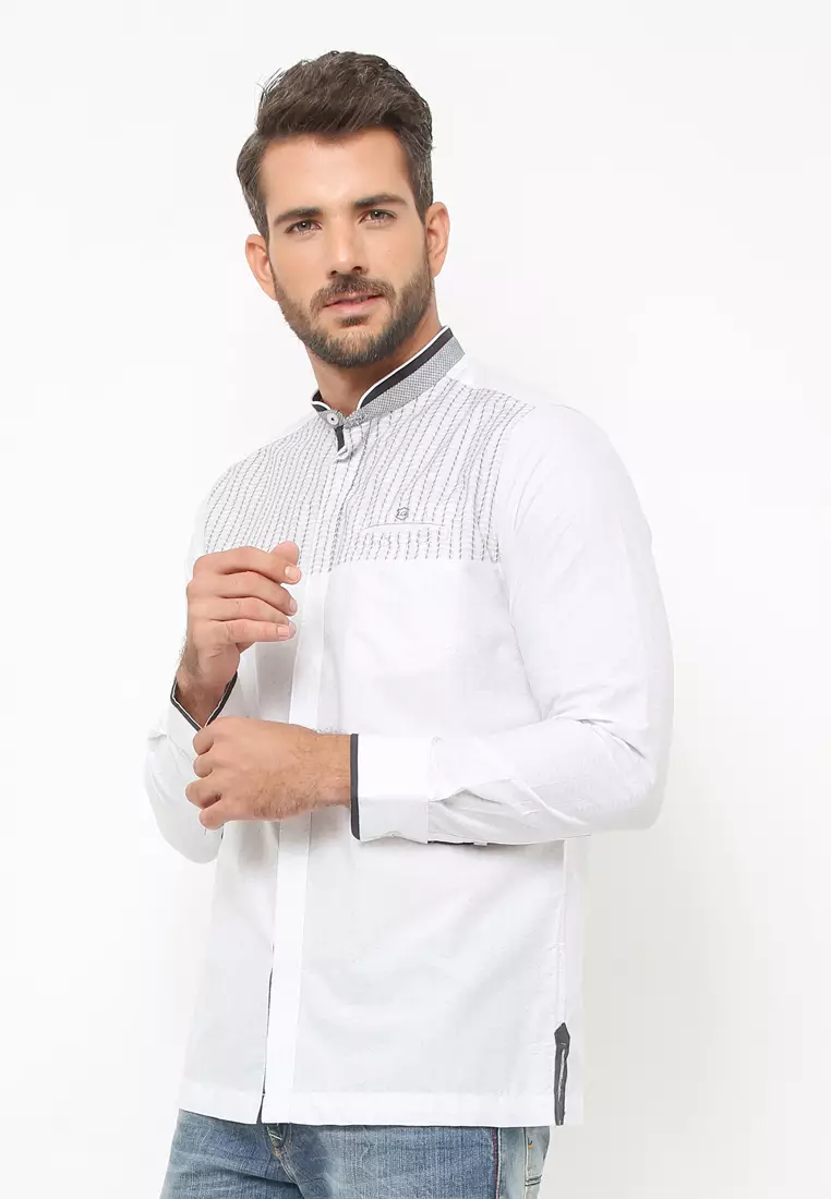 LGS - Baju Koko - Lengan Panjang - Motif Bordir Garis - Putih