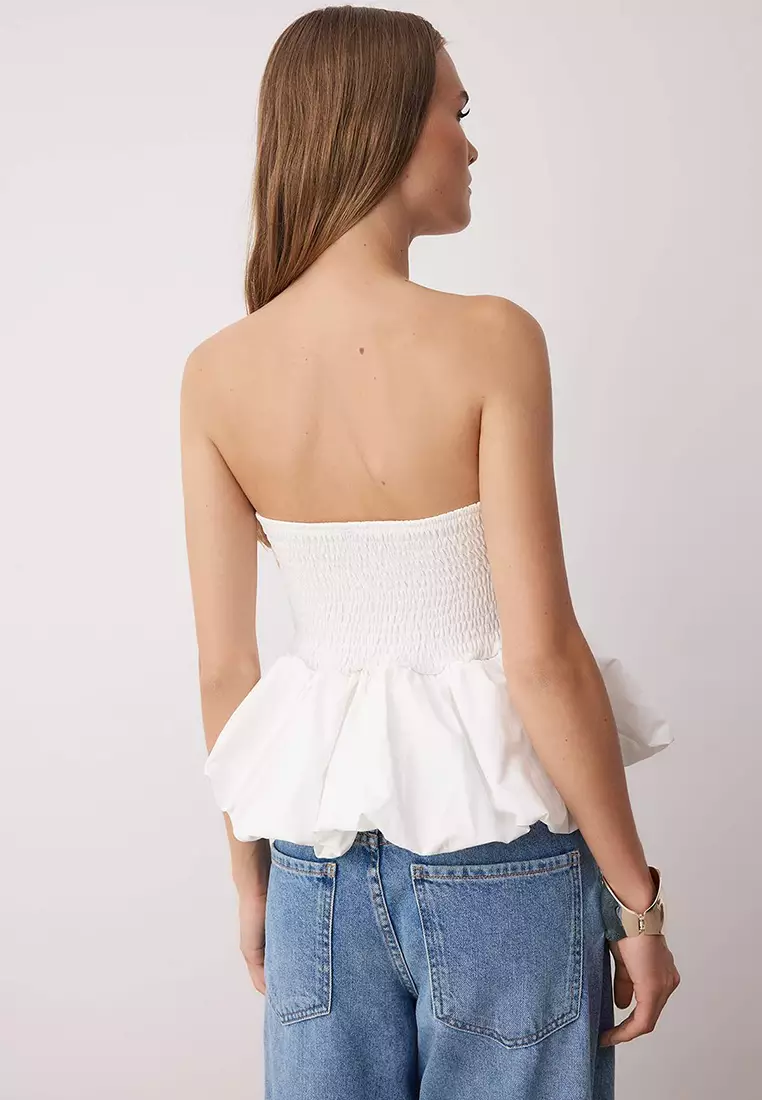 White Strapless Lace Detail Peplum Party Blouse