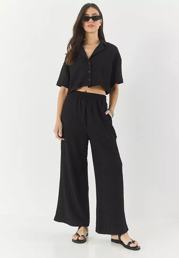 Women's Seersucker Crop Jacket Elastic Waistband High Waist Pants Top And Bottom Set 9313 60281043