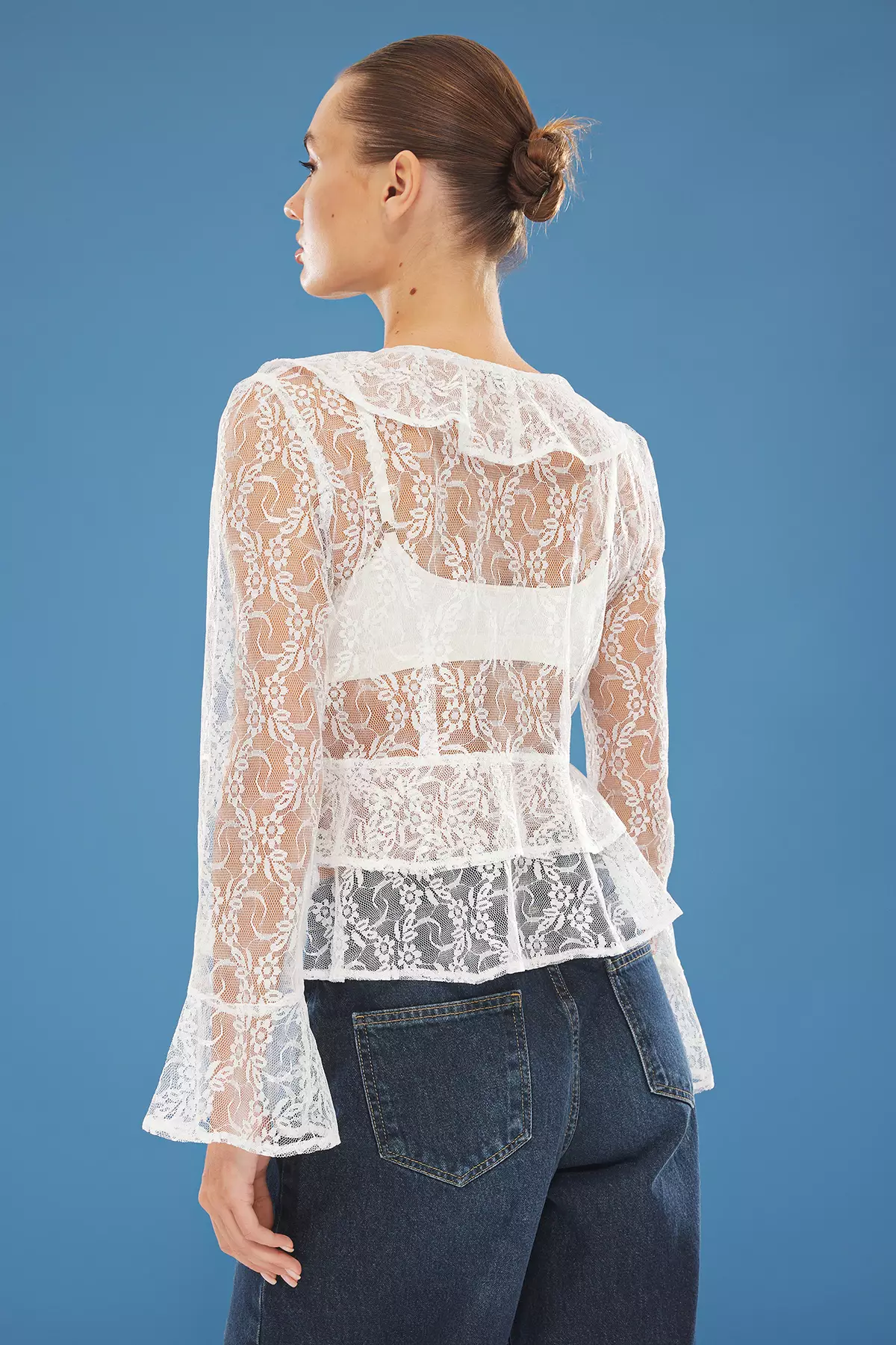 Lace Fabric Ruffle And Binding Detailed Regular Regular Pattern Woven Shirt