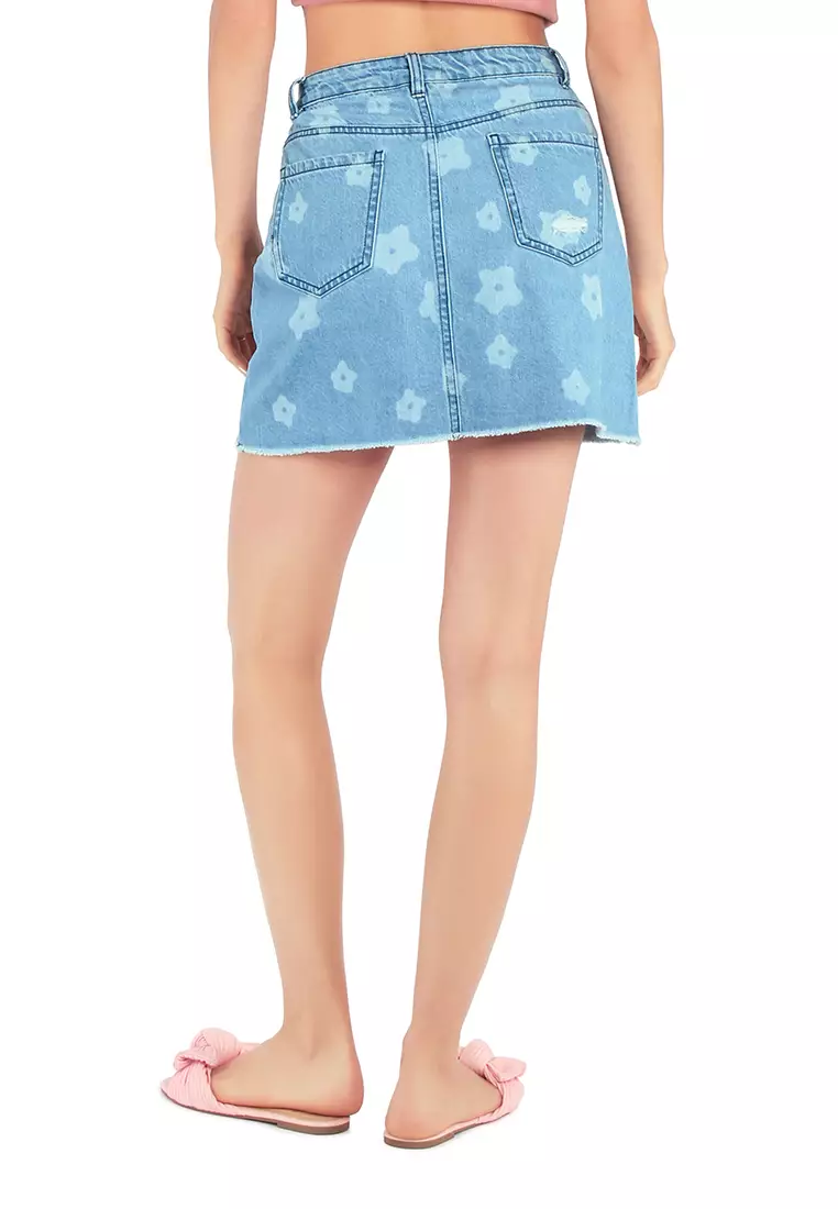 Light Blue Flower Print Ripped Jeans Mini Skirt