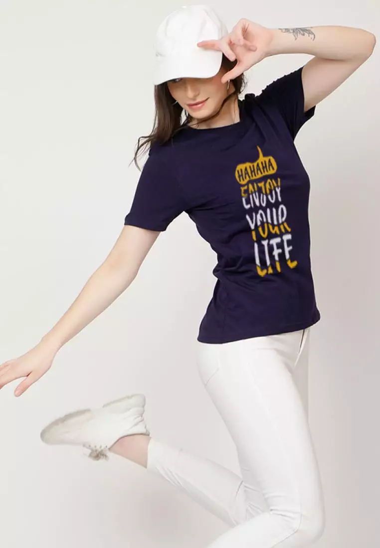 Enjoy Life Relaxed Short Sleeve Stylish Navy Blue Cotton Casual Graphic Print Tee/TShirt