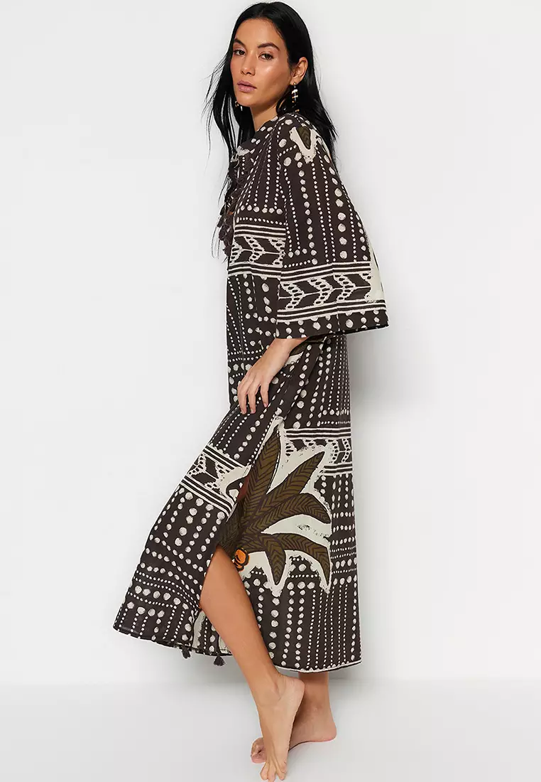 Tropical Printed Tassel Detailed Voile Kaftan