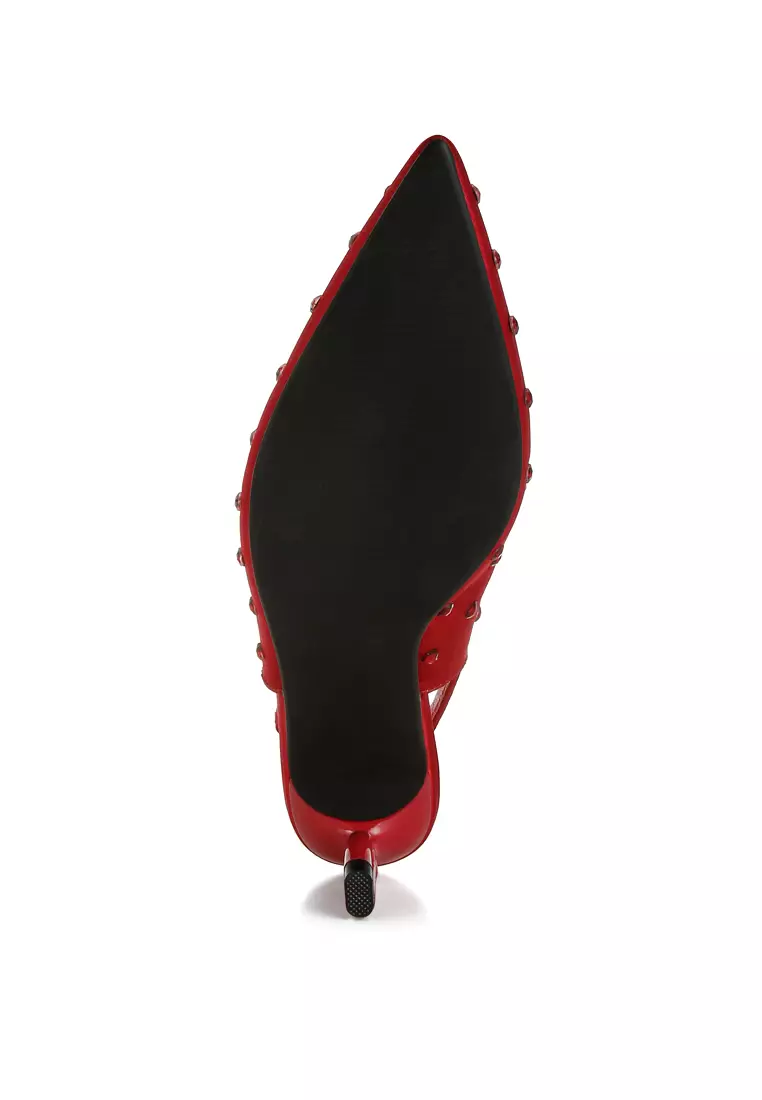 酒紅色心型水鑽鑲嵌露跟鞋