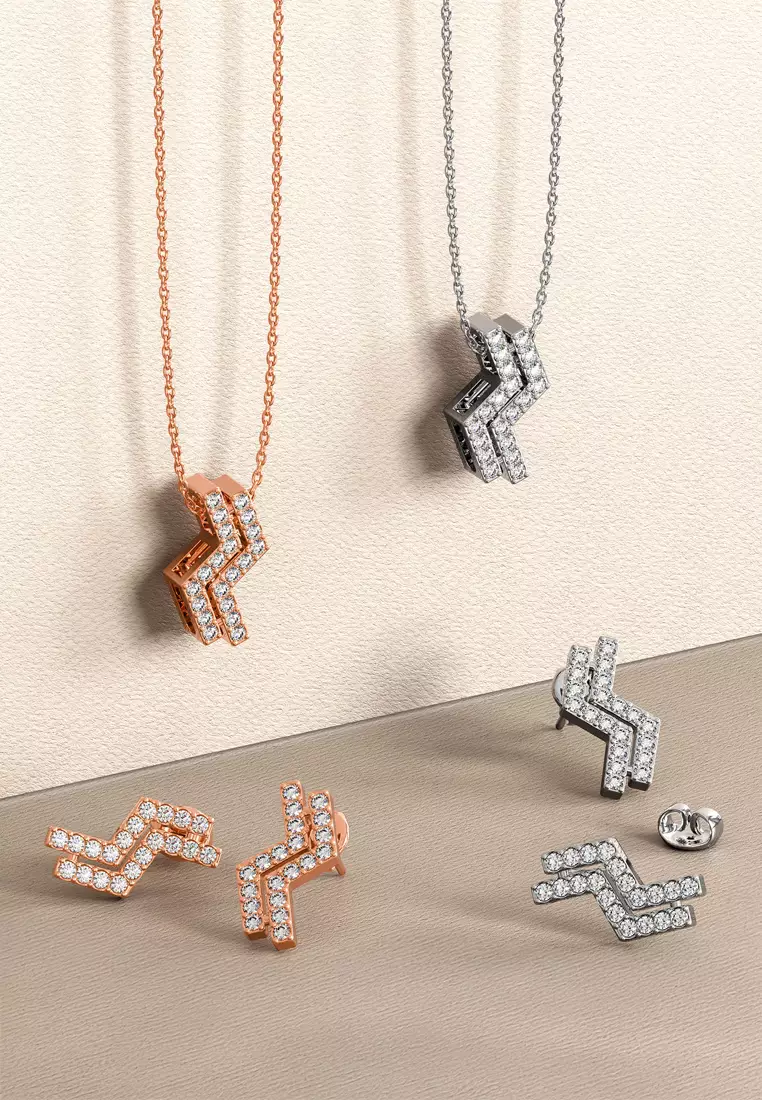 Zigzag Pendant Necklace in White Gold Embellished with Swarovski crystals