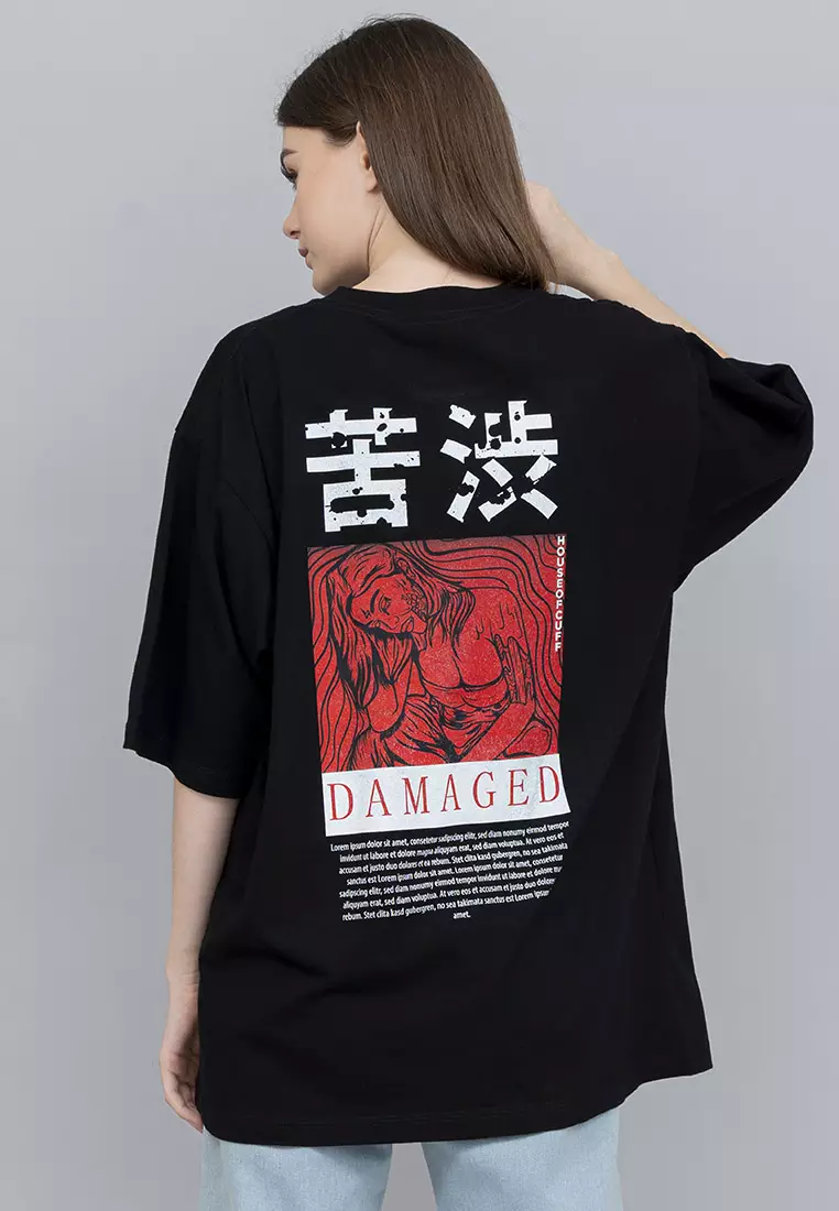 Houseofcuff Kaos Oversized T-shirt Wanita Unisex Tebal Hitam Damaged