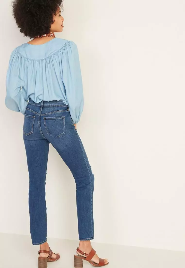 Mid Rise Distressed Power Slim Straight Jeans