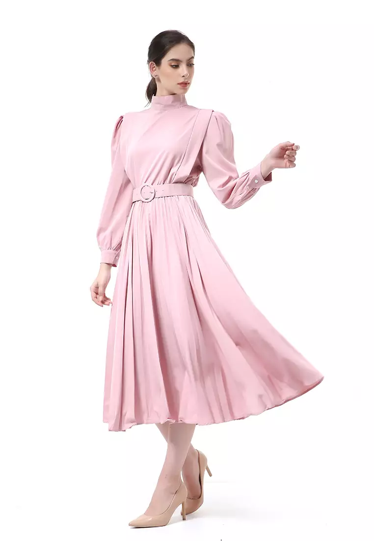 Rachel Long Dress Wanita Turtleneck Lengan Panjang Material Twiscone ORIGINAL - Pink