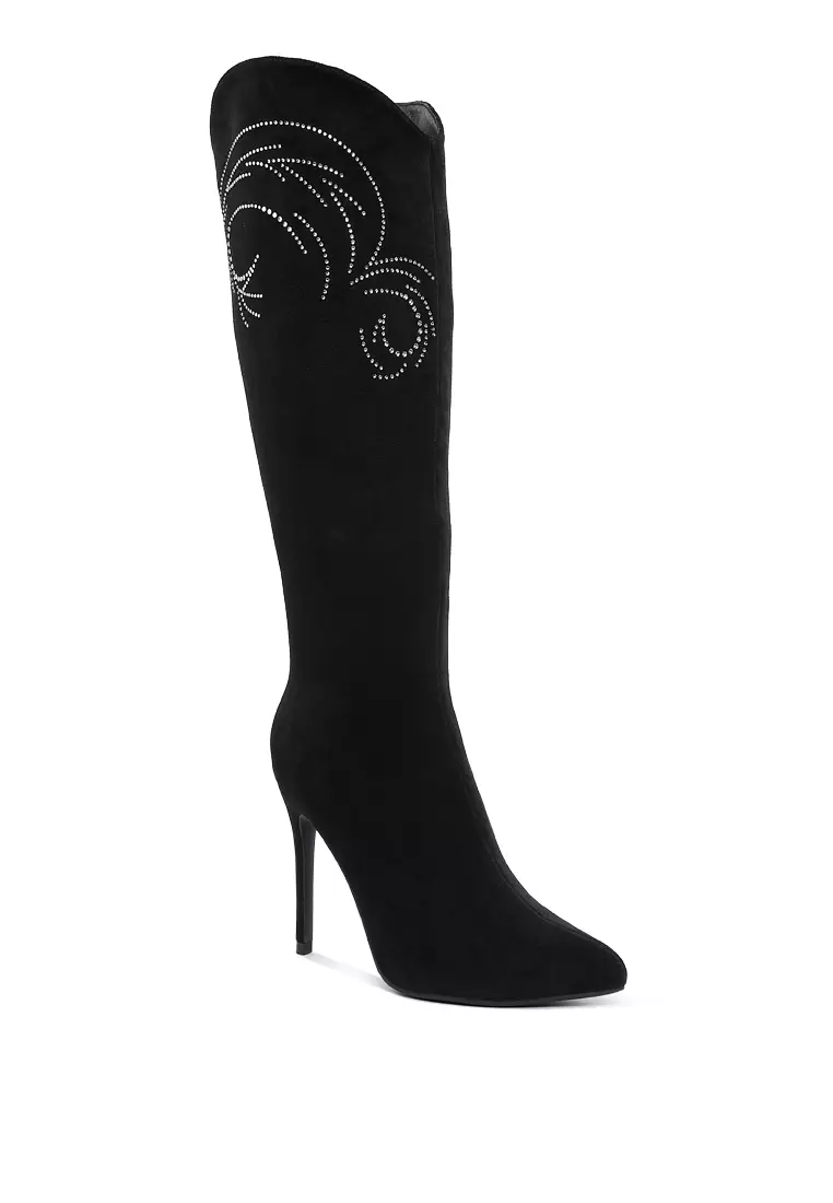 Rhinestone Patterned Calf Boots in Black