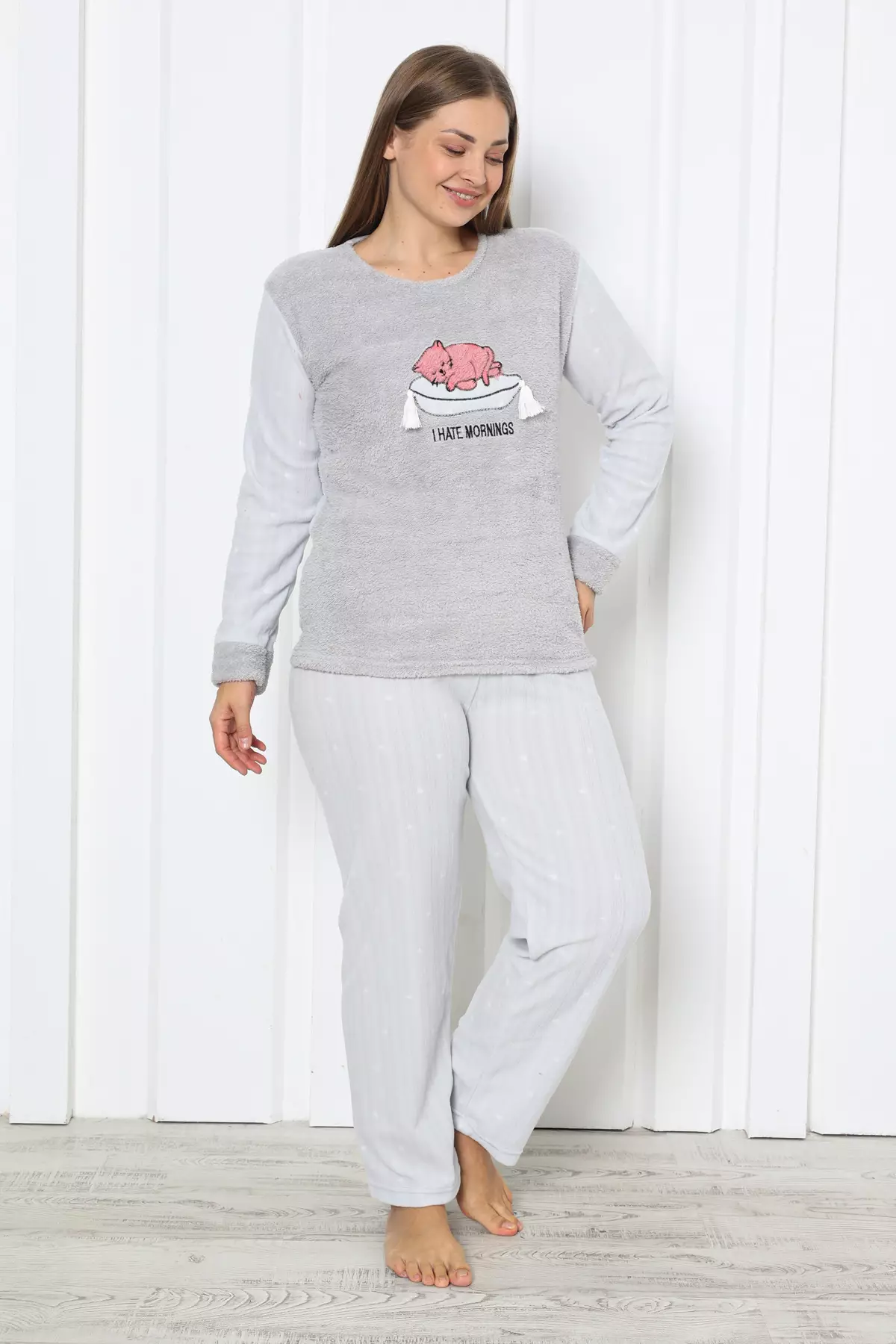 Gray Cat Printed Polar Fleece Plus Size Pajama Set