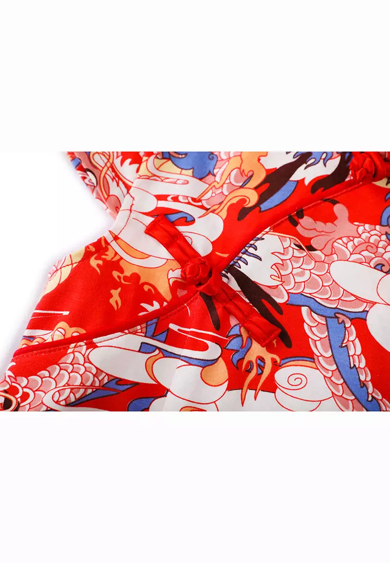 女童紅藍龍印花漢服唐裝旗袍裙新年拜年衣服