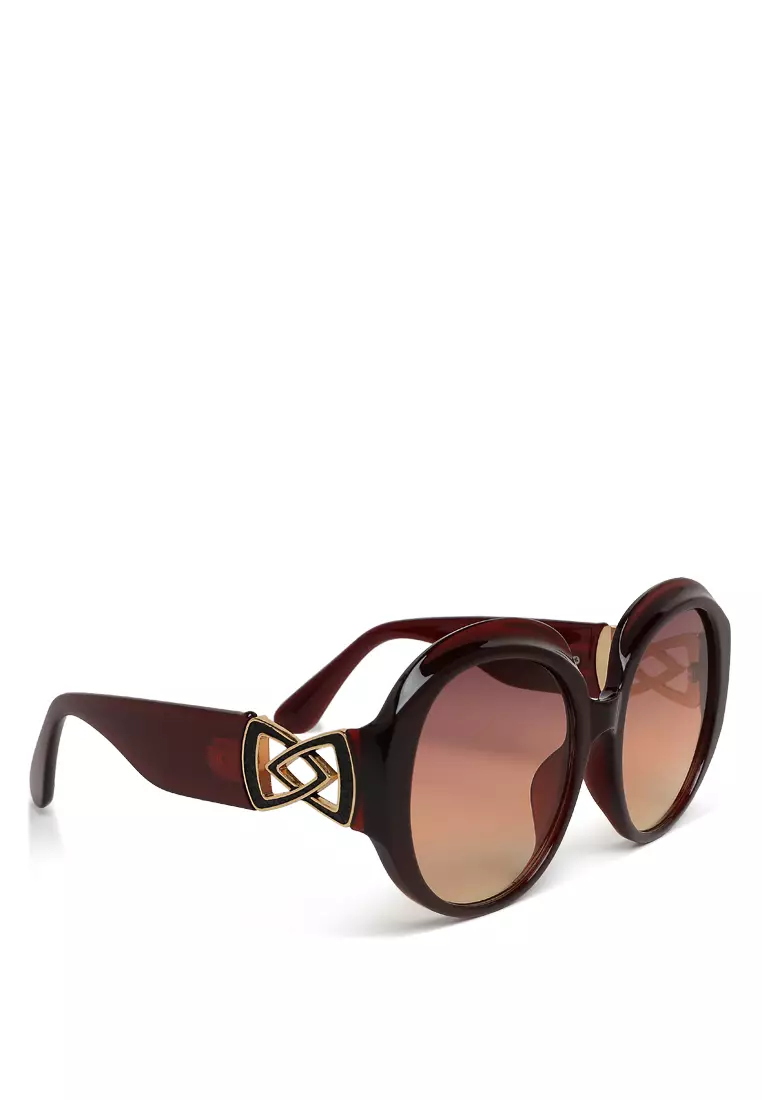 Brown Metallic Accent Round Sunglasses