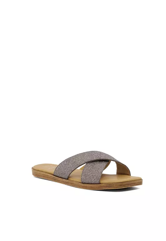 Luella Textured Strap Flat Sandals Pewter