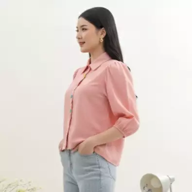 Rainbow Heart Button Puff Sleeve Shirt in Pink