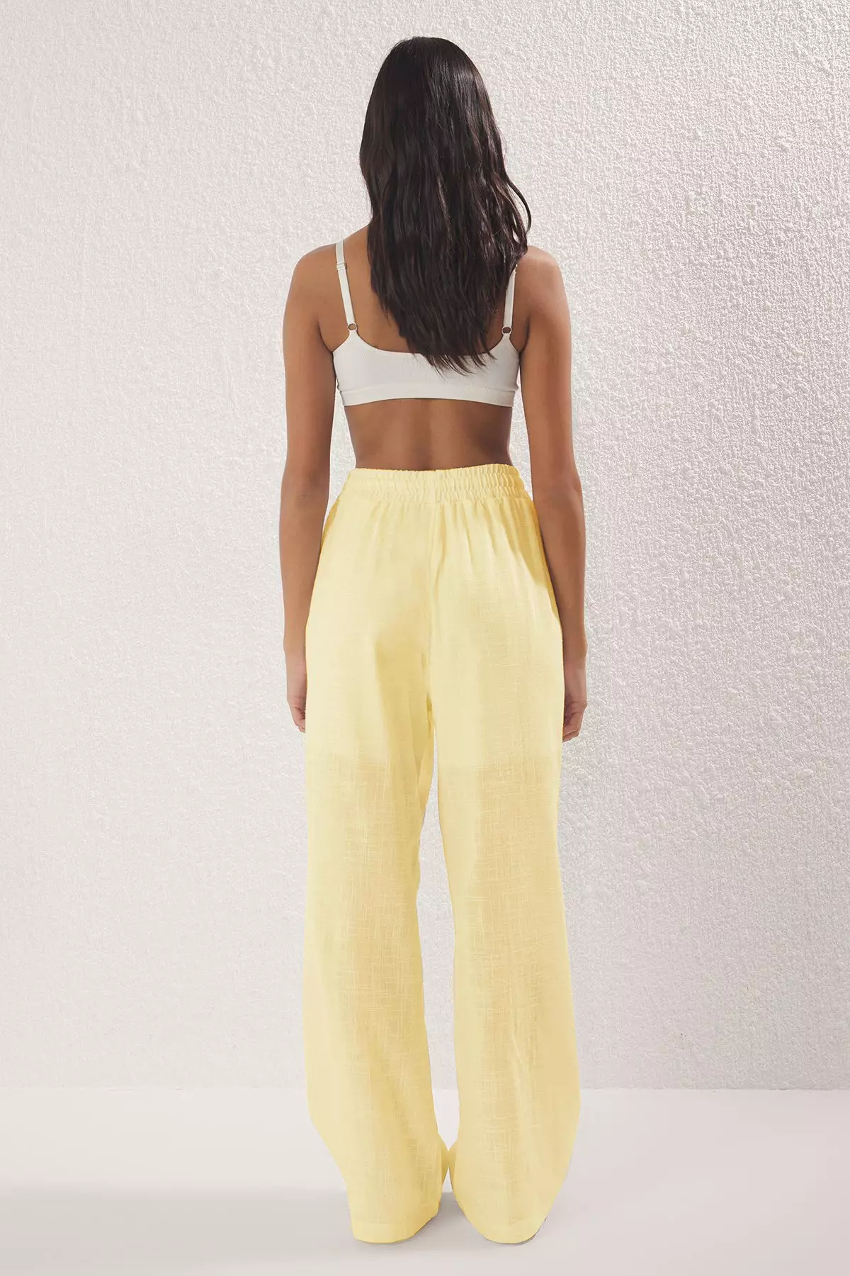 Light Yellow Linen Look Wide Leg Shorts Lined Elastic Waist Pants