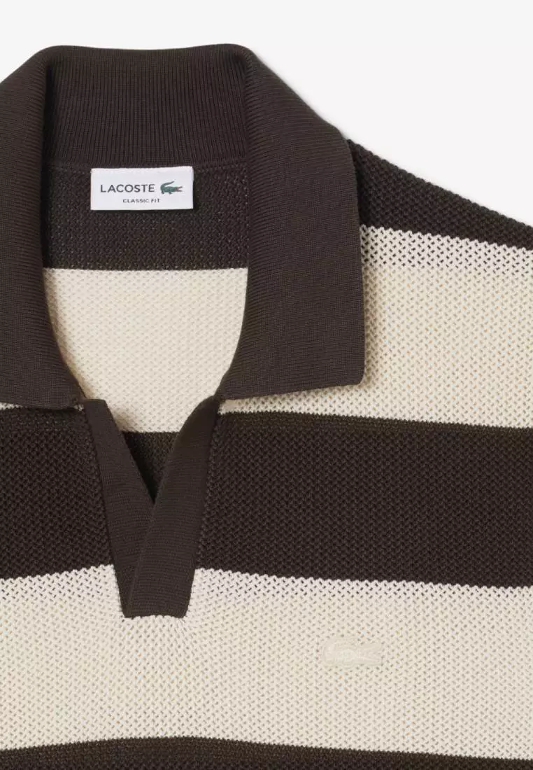 Short Sleeved Striped Polo Collar Sweater