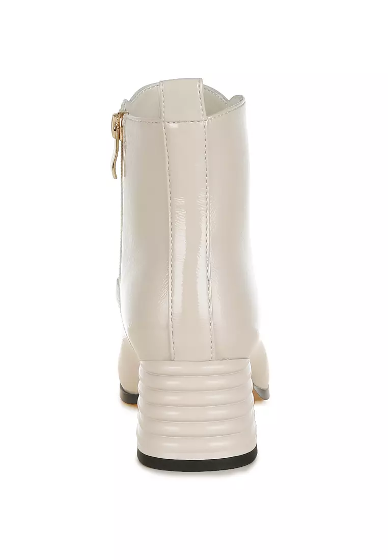 Beige Textured Block Heel Ankle Boots