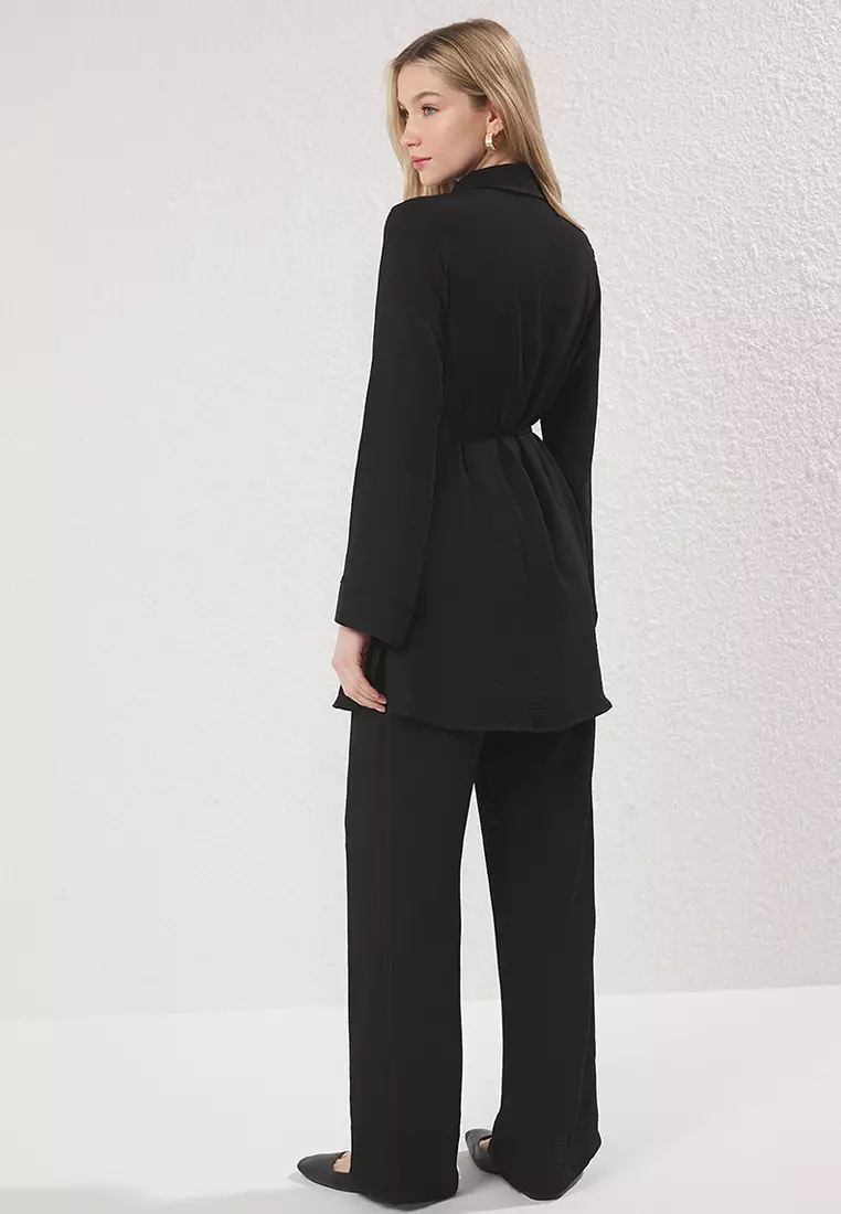 Black Gold Button Detail Aerobin Shirt-Pants Woven Bottom-Top Set TCTSS25US00034