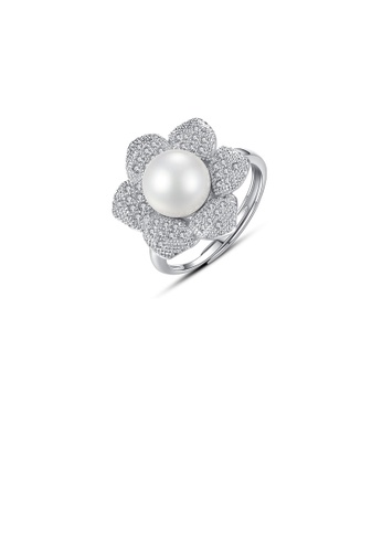 Glamorousky white Simple and Elegant Flower Imitation Pearl Adjustable Ring with Cubic Zirconia D35BCAC97B60B8GS_1