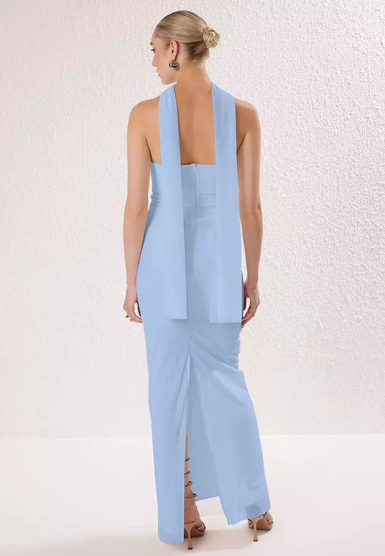 Light Blue Tulle Knitted Maxi Evening Dress With Scarf Evening Homecoming Dress