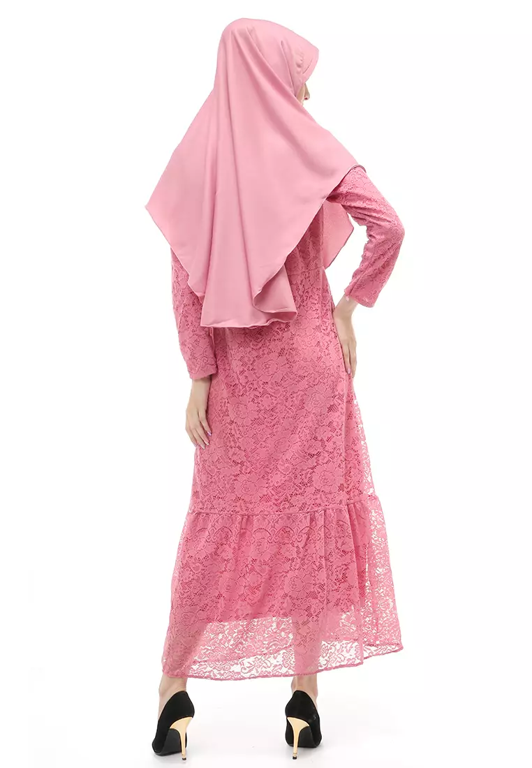 Aisyah Gamis Muslimah Wanita Motif Kebaya Long Sleeve Relaxed Fit - Pink