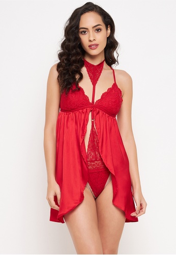 Clovia red Clovia Chic Basic Babydoll with Lace Harness in Red - Satin 9FCE6AA08C35EAGS_1