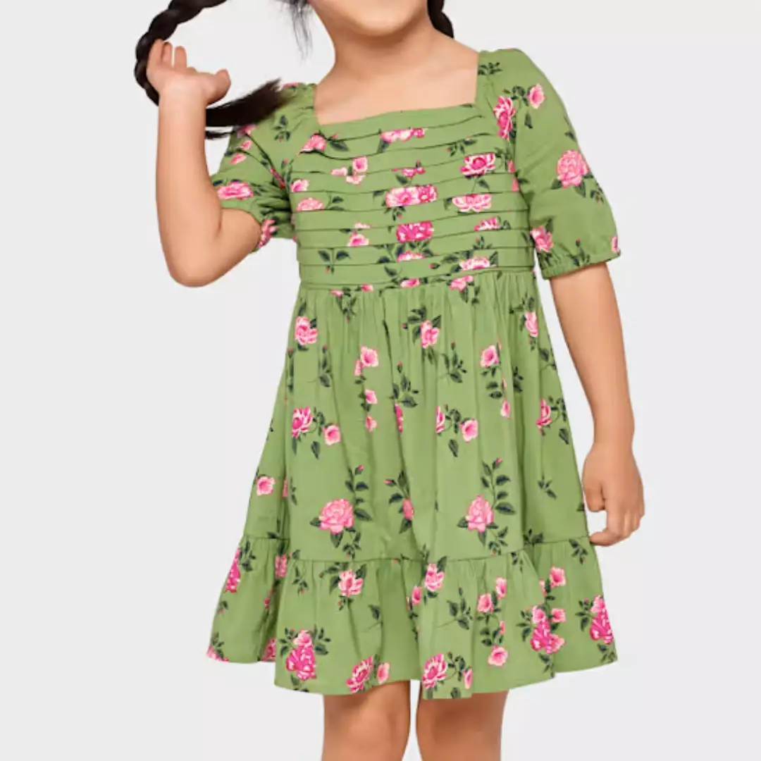 Toddler Girls Floral Pleated Ruffle Dress - Baju Bayi Perempuan (Hijau)