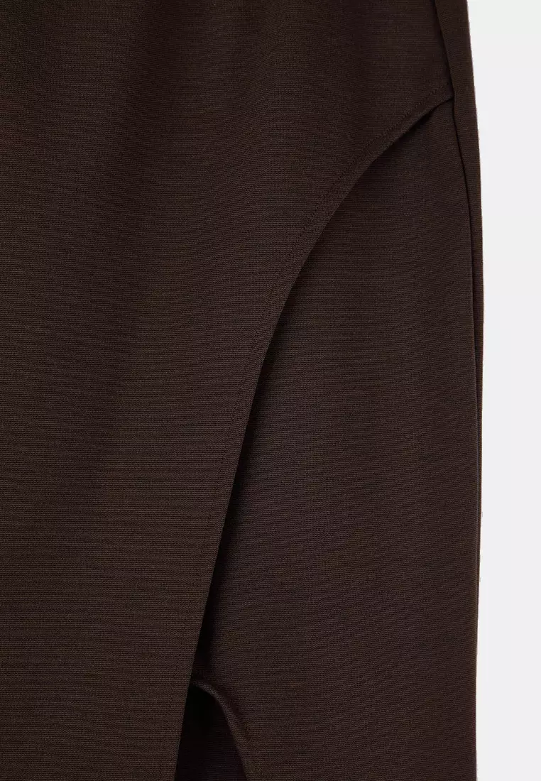 Brown Slit Detailed Knitted Stretch Fabric Plus Size Midi Skirt Tbbaw26Az00023